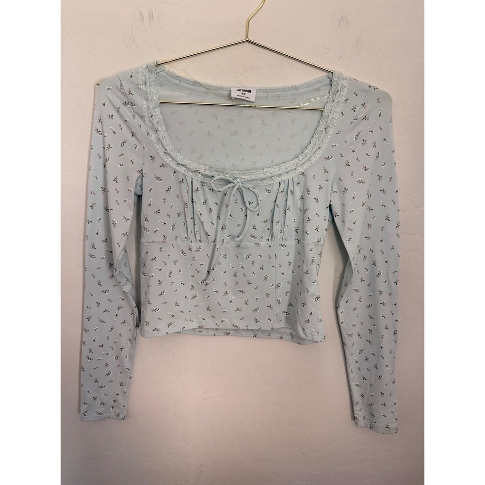 Cotton On Light Blue Ditsy Floral Lace Trim LS Crop Top S Coquette Cottagecore